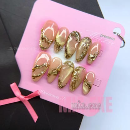 Press on Nails | Nude Cat Eye with Gold Swirl Lines & Pearl Accents, Daily Nail Style, Almond Shape, Medium Length Luxury Handmade Fake Nails