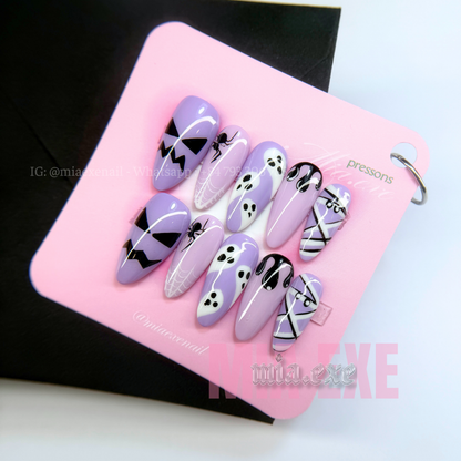 Press on Nails | Spooky Purple Halloween Art, Medium Almond Shape, Luxury Handmade Fake Nails