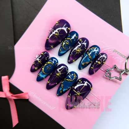 Press on Nails | Purple & Blue Cat Eye with Celestial Star & Moon Accents, Daily Nail Style, Stiletto Shape, Medium Length Luxury Handmade Fake Nails