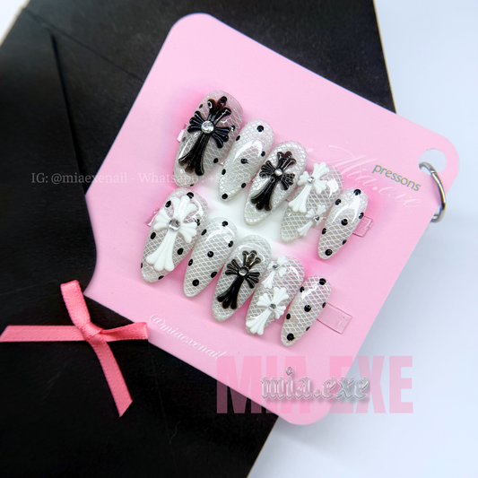 Press on Nails | Black & White Lace with 3D Gothic Cross Charms, Daily Nail Style, Stiletto Shape, Medium Length Luxury Handmade Fake Nails