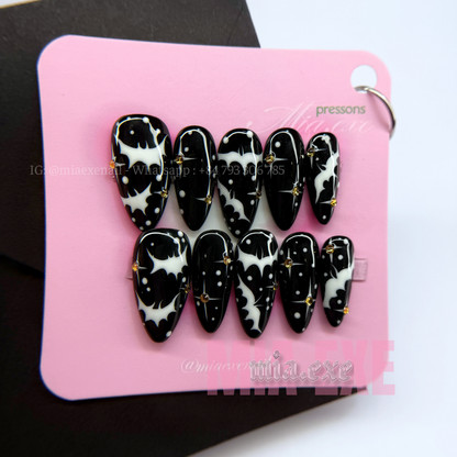 Press on Nails | Spooky Black Halloween Art, Medium Almond Shape, Luxury Handmade Fake Nails