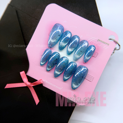 Press on Nails | Ocean Blue Cat Eye with Shimmering Magnetic Glow, Daily Nail Style, Almond Shape, Medium Length Luxury Handmade Fake Nails