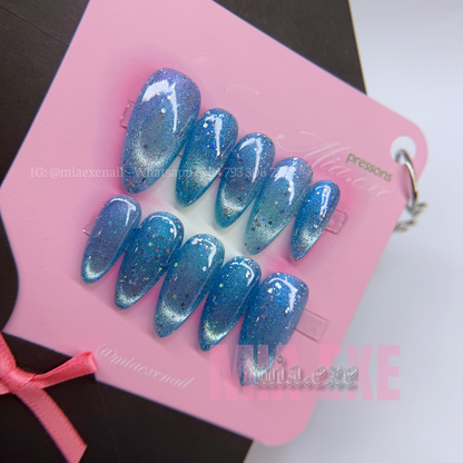 Press on Nails | Ocean Blue Cat Eye with Shimmering Magnetic Glow, Daily Nail Style, Almond Shape, Medium Length Luxury Handmade Fake Nails