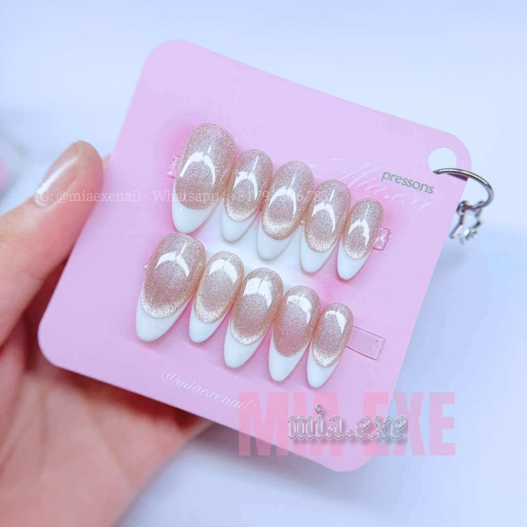 Press on Nails | Pink & Peach Cat Eye with Shimmering Magnetic Glow, Daily Nail Style, Almond Shape, Medium Length Luxury Handmade Fake Nails