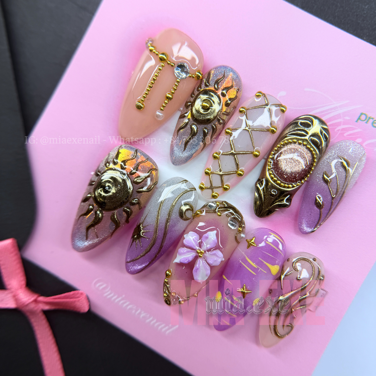 Press on Nails | Sun & Shimmer Cat Eye with Gold Charm & Mesh Art, Daily Nail Style, Stiletto Shape, Medium Length Luxury Handmade Fake Nails