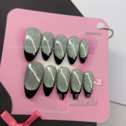 Press on Nails | Cat Eye with Black French Tip, Daily Nail Style, Almond Shape, Medium Length Luxury Handmade Fake Nails