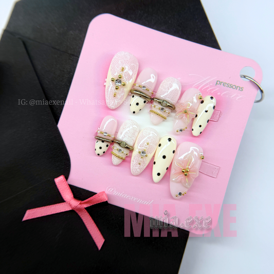 Press on Nails | White Lace Pattern with 3D Pink Bow & Pearl Accents, Daily Nail Style, Stiletto Shape, Medium Length Luxury Handmade Fake Nails