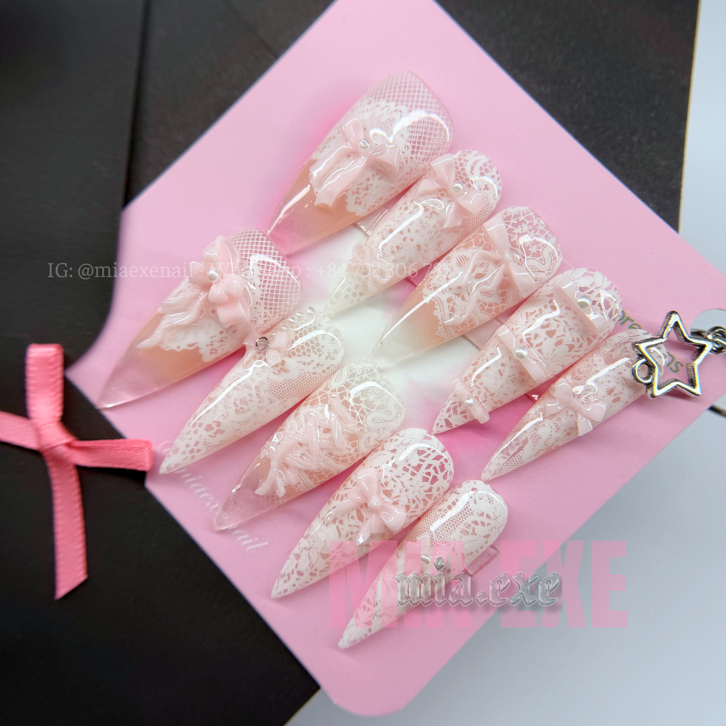 Press on Nails | White Lace Pattern with 3D Pink Bow & Pearl Accents, Daily Nail Style, Stiletto Shape, Medium Length Luxury Handmade Fake Nails