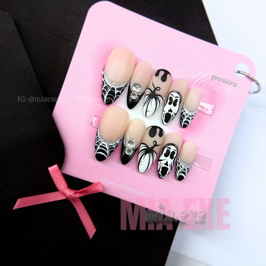 Press on Nails | Matte Spooky Halloween Ghostface & Spiderweb Art, Stiletto Shape, Medium Length Luxury Handmade Fake Nails