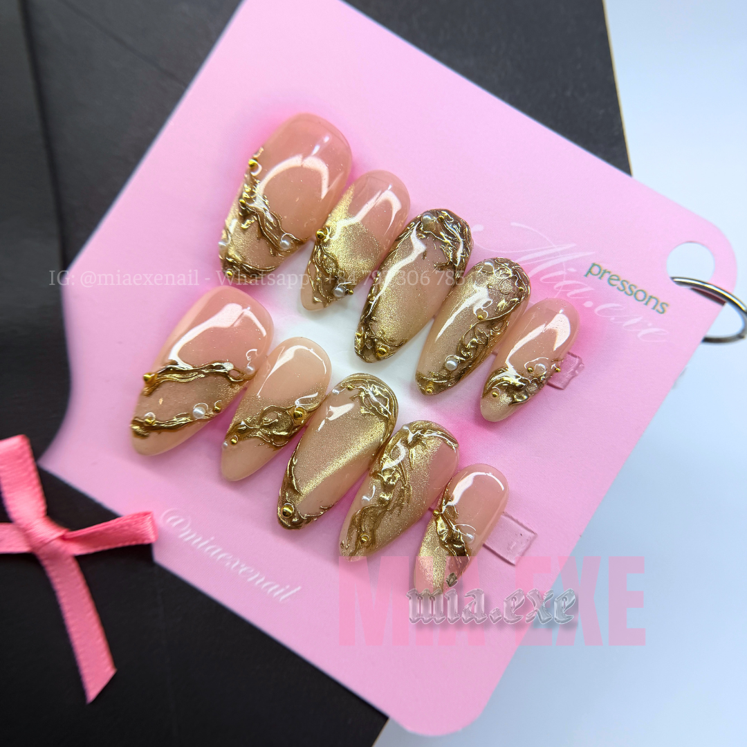 Press on Nails | Nude Cat Eye with Gold Swirl Lines & Pearl Accents, Daily Nail Style, Almond Shape, Medium Length Luxury Handmade Fake Nails