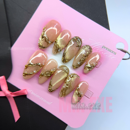 Press on Nails | Nude Cat Eye with Gold Swirl Lines & Pearl Accents, Daily Nail Style, Almond Shape, Medium Length Luxury Handmade Fake Nails
