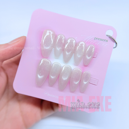 Press on Nails | Soft Pink Cat Eye with Shimmering Aurora Effect, Daily Nail Style, Almond Shape, Medium Length Luxury Handmade Fake Nails