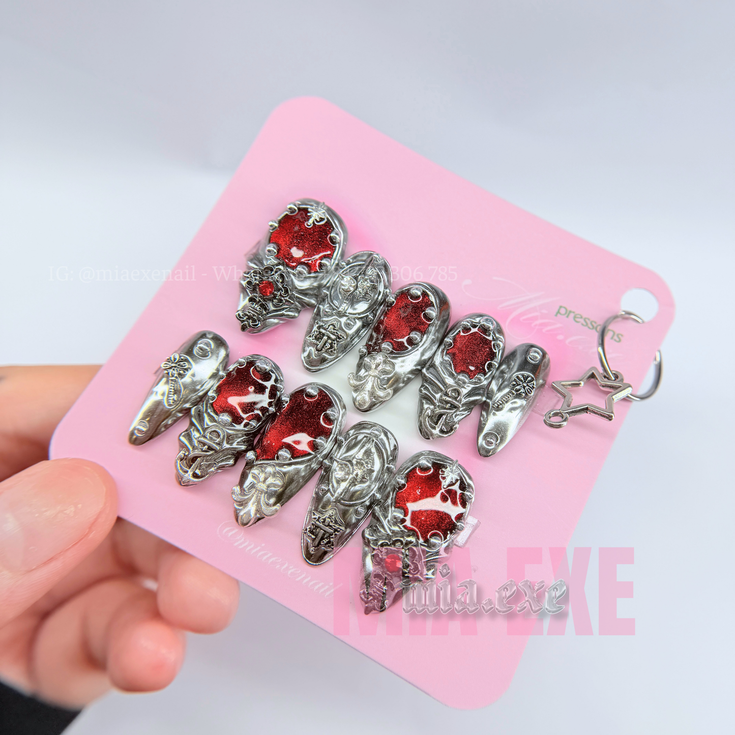 Handmade Gothic Red & Silver 3D Charm Press-on Nails