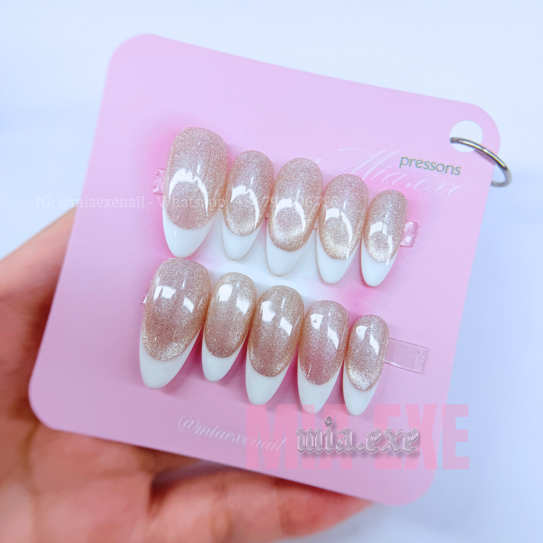 Press on Nails | Pink & Peach Cat Eye with Shimmering Magnetic Glow, Daily Nail Style, Almond Shape, Medium Length Luxury Handmade Fake Nails