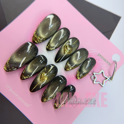 Press on Nails | Black & Gold Chrome Cat Eye with 3D Heart, Daily Nail Style, Almond Shape, Medium Length Luxury Handmade Fake Nails
