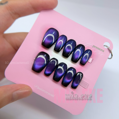 Press on Nails | Midnight Purple Cat Eye, Daily Nail Style, Coffin Shape, Medium Length Luxury Handmade Fake Nails