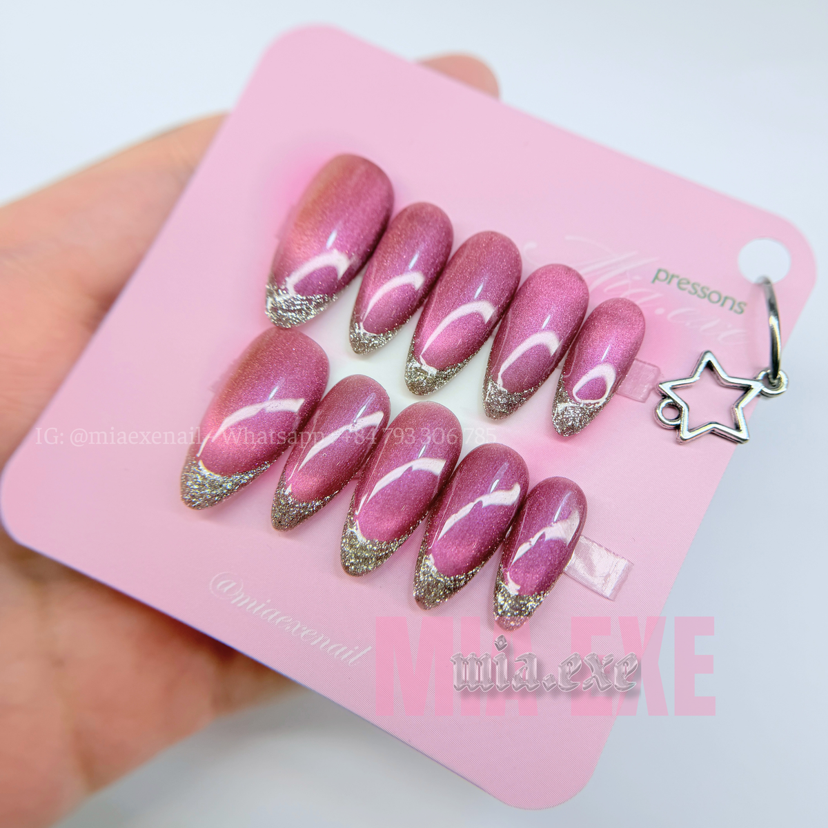 Press on Nails | Magenta Cat Eye & Glitter French Tip, Daily Nail Style, Almond Shape, Medium Length Luxury Handmade Fake Nails