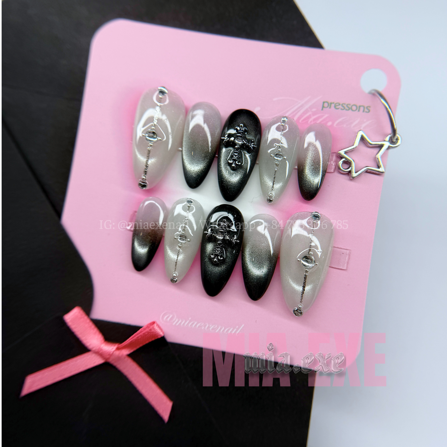 Press on Nails | Gothic Black & Silver Cat Eye with 3D Cross Charm, Almond Shape, Medium Length Luxury Handmade Fake Nails