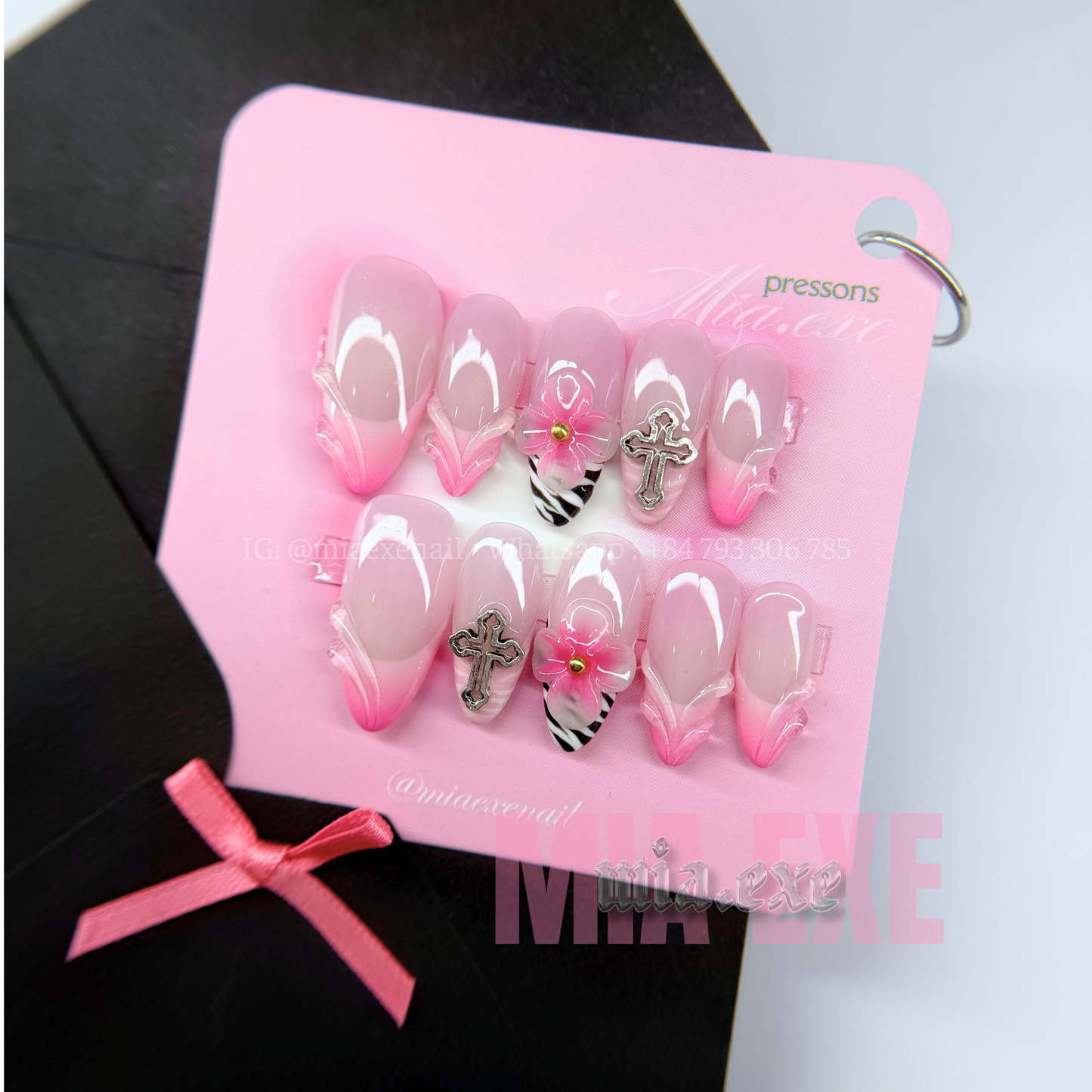 Press on Nails | Y2K Pink Ombre & Zebra Print with 3D Flower, Almond Shape, Medium Length Luxury Handmade Fake Nails