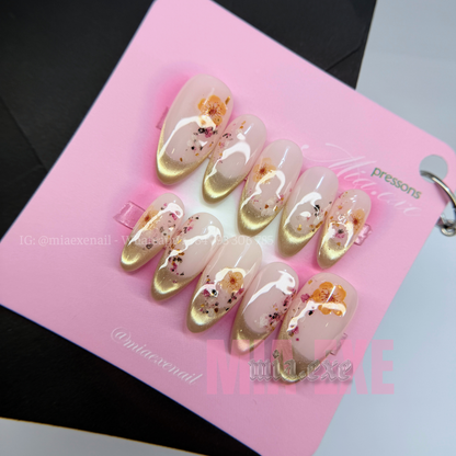 Press on Nails | Nude & Gold French Tip with Pressed Dried Flowers, Daily Nail Style, Almond Shape, Medium Length Luxury Handmade Fake Nails