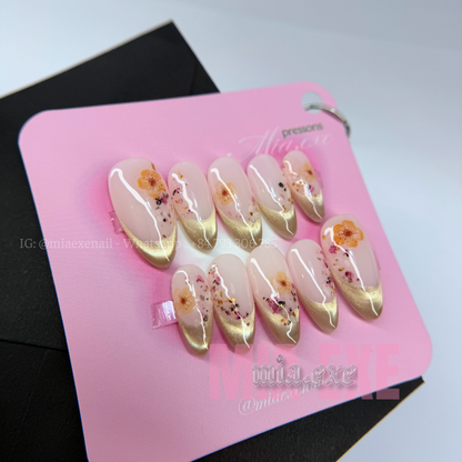 Press on Nails | Nude & Gold French Tip with Pressed Dried Flowers, Daily Nail Style, Almond Shape, Medium Length Luxury Handmade Fake Nails