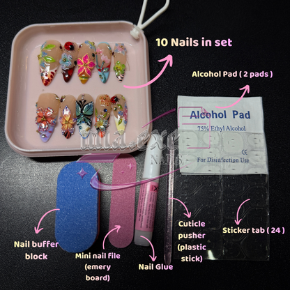 Press on Nails | Y2K Pink Ombre & Zebra Print with 3D Flower, Almond Shape, Medium Length Luxury Handmade Fake Nails