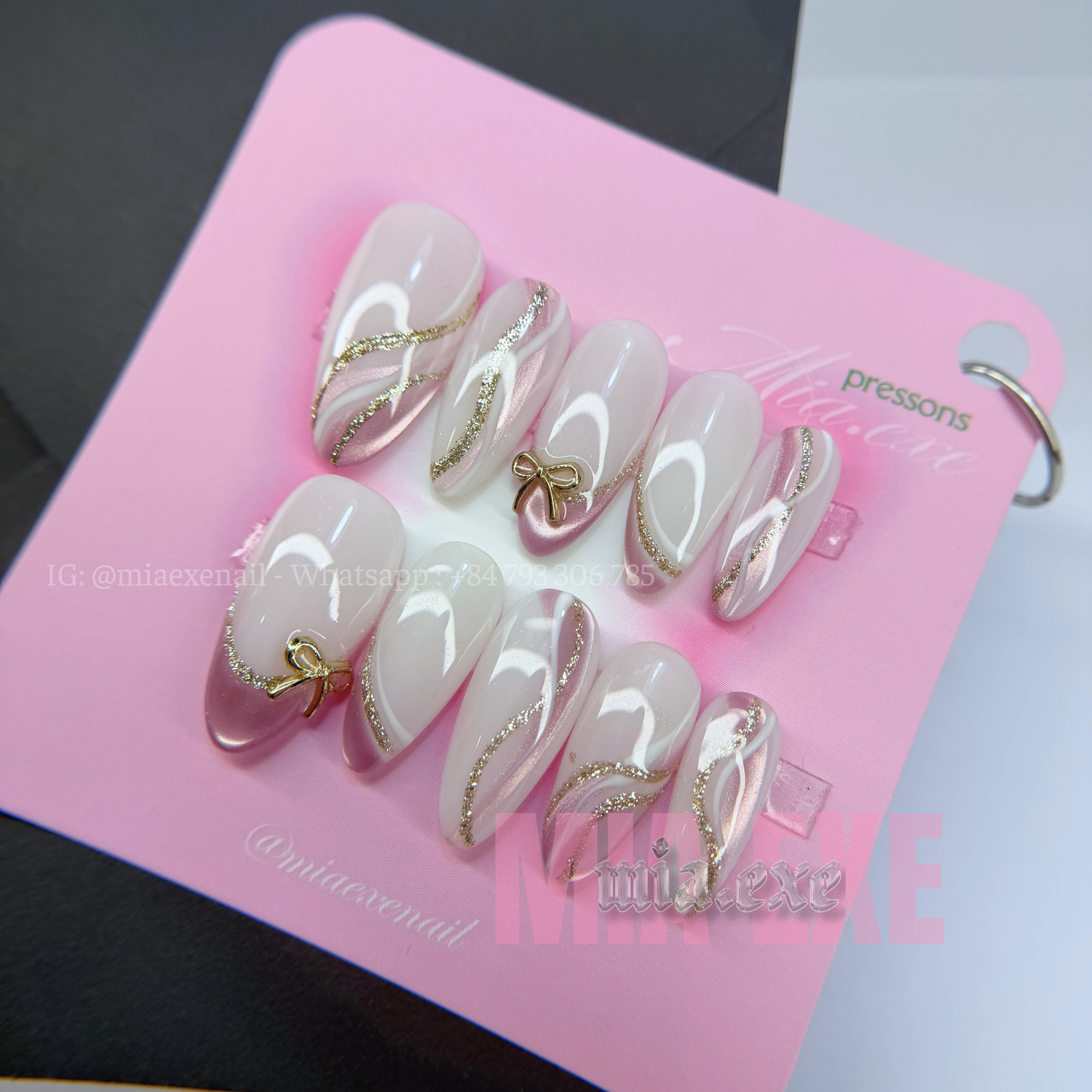 Press on Nails | Nude & Gold Glitter Swirl with Bow Charm, Daily Nail Style, Almond Shape, Medium Length Luxury Handmade Fake Nails