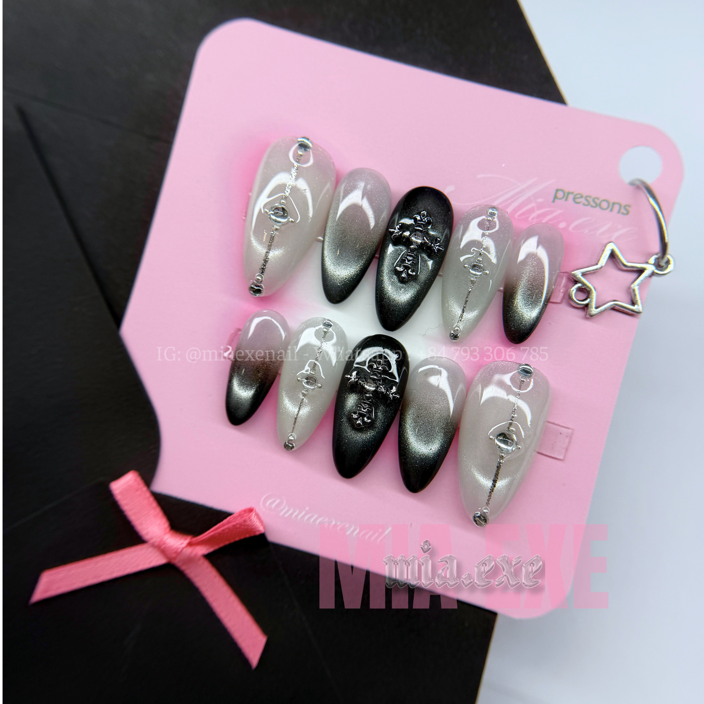 Press on Nails | Gothic Black & Silver Cat Eye with 3D Cross Charm, Almond Shape, Medium Length Luxury Handmade Fake Nails