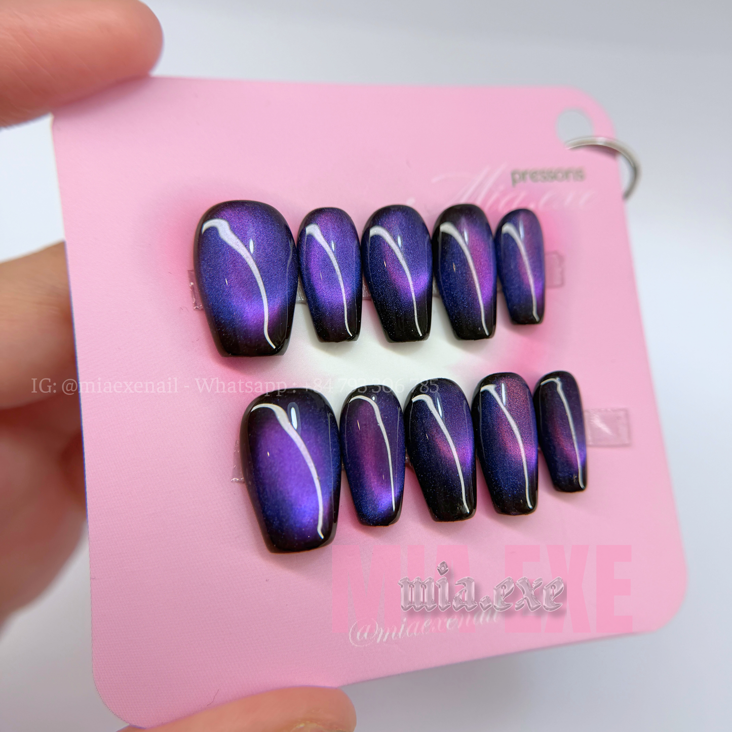 Press on Nails | Midnight Purple Cat Eye, Daily Nail Style, Coffin Shape, Medium Length Luxury Handmade Fake Nails