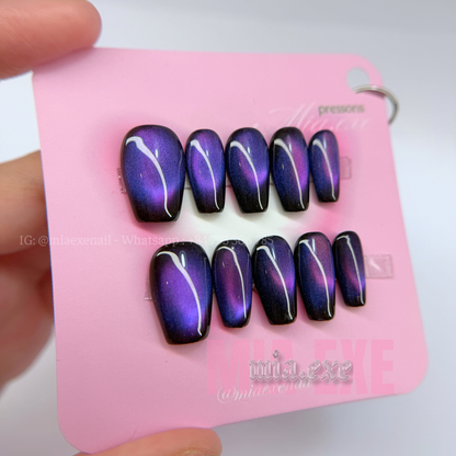 Press on Nails | Midnight Purple Cat Eye, Daily Nail Style, Coffin Shape, Medium Length Luxury Handmade Fake Nails