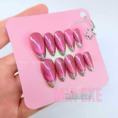 Press on Nails | Magenta Cat Eye & Glitter French Tip, Daily Nail Style, Almond Shape, Medium Length Luxury Handmade Fake Nails