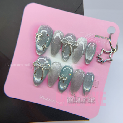 Press on Nails | Silver Cat Eye & Bow Detail, Daily Nail Style, Stiletto Shape, Medium Length Luxury Handmade Fake Nails