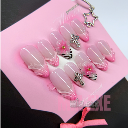 Press on Nails | Y2K Pink Ombre & Zebra Print with 3D Flower, Almond Shape, Medium Length Luxury Handmade Fake Nails