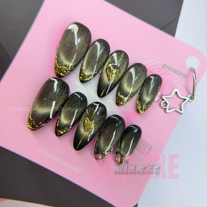 Press on Nails | Black & Gold Chrome Cat Eye with 3D Heart, Daily Nail Style, Almond Shape, Medium Length Luxury Handmade Fake Nails