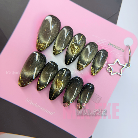 Press on Nails | Black & Gold Chrome Cat Eye with 3D Heart, Daily Nail Style, Almond Shape, Medium Length Luxury Handmade Fake Nails