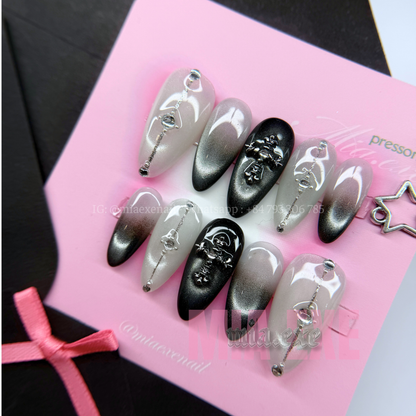 Press on Nails | Gothic Black & Silver Cat Eye with 3D Cross Charm, Almond Shape, Medium Length Luxury Handmade Fake Nails