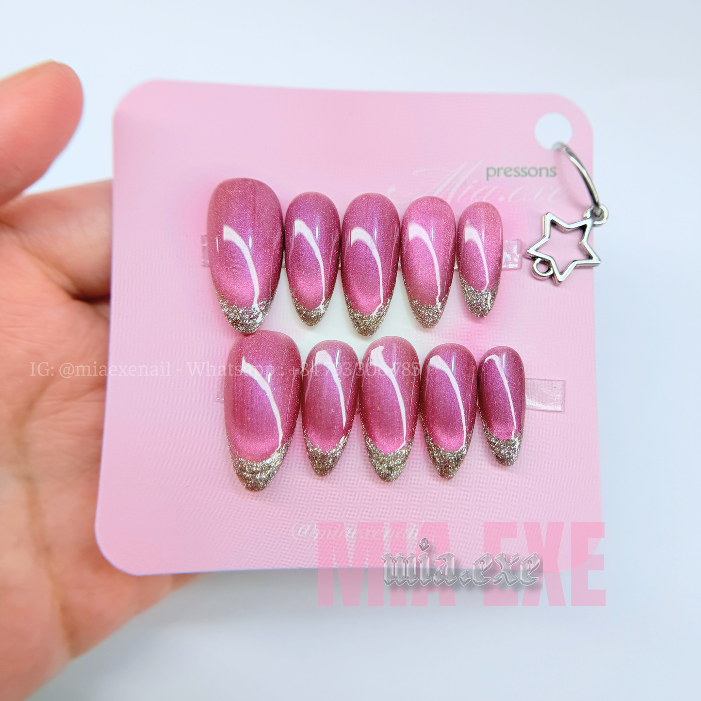 Press on Nails | Magenta Cat Eye & Glitter French Tip, Daily Nail Style, Almond Shape, Medium Length Luxury Handmade Fake Nails