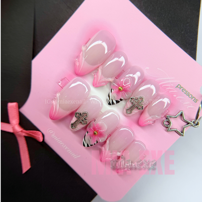 Press on Nails | Y2K Pink Ombre & Zebra Print with 3D Flower, Almond Shape, Medium Length Luxury Handmade Fake Nails