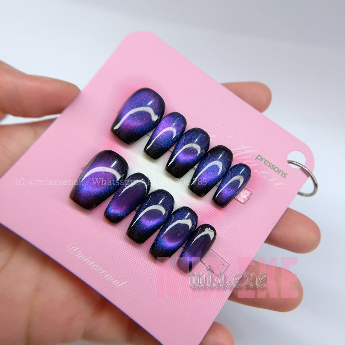Press on Nails | Midnight Purple Cat Eye, Daily Nail Style, Coffin Shape, Medium Length Luxury Handmade Fake Nails