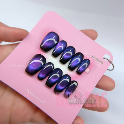 Press on Nails | Midnight Purple Cat Eye, Daily Nail Style, Coffin Shape, Medium Length Luxury Handmade Fake Nails