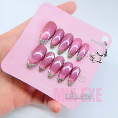 Press on Nails | Magenta Cat Eye & Glitter French Tip, Daily Nail Style, Almond Shape, Medium Length Luxury Handmade Fake Nails