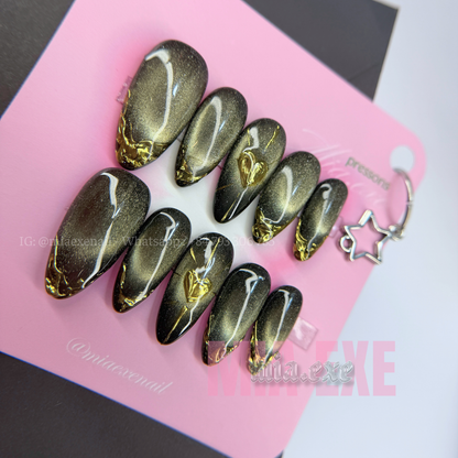 Press on Nails | Black & Gold Chrome Cat Eye with 3D Heart, Daily Nail Style, Almond Shape, Medium Length Luxury Handmade Fake Nails