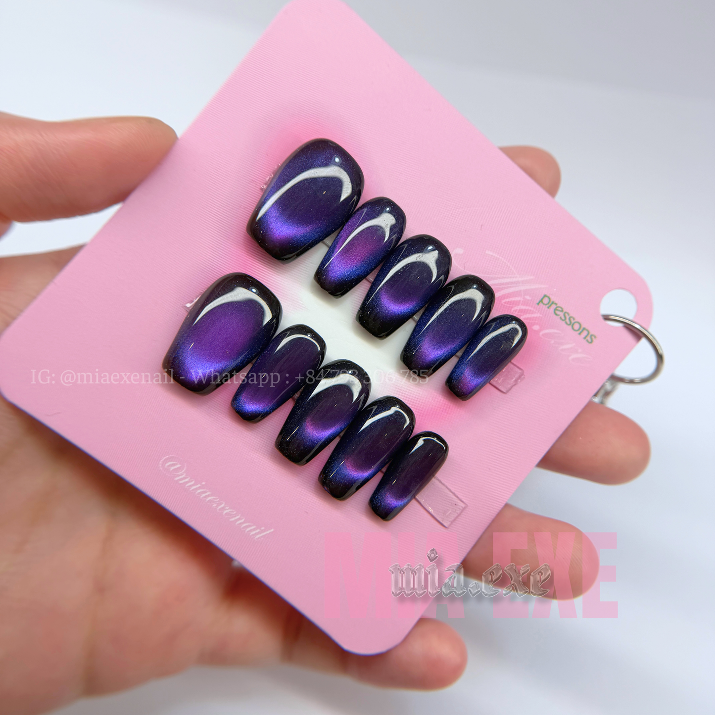 Press on Nails | Midnight Purple Cat Eye, Daily Nail Style, Coffin Shape, Medium Length Luxury Handmade Fake Nails