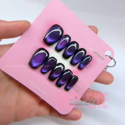 Press on Nails | Midnight Purple Cat Eye, Daily Nail Style, Coffin Shape, Medium Length Luxury Handmade Fake Nails