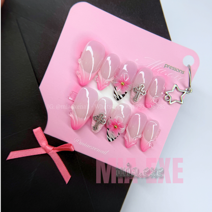 Press on Nails | Y2K Pink Ombre & Zebra Print with 3D Flower, Almond Shape, Medium Length Luxury Handmade Fake Nails