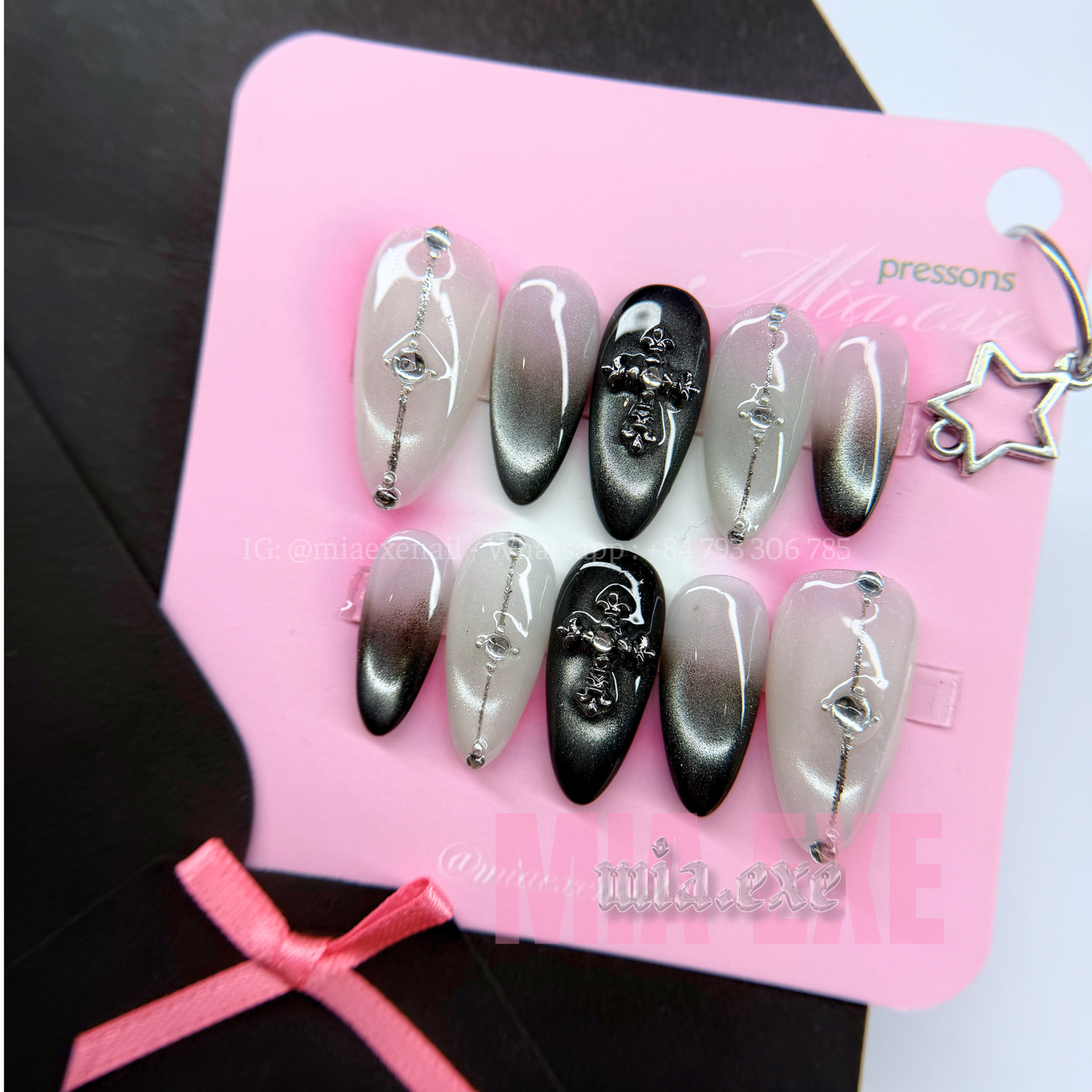 Press on Nails | Gothic Black & Silver Cat Eye with 3D Cross Charm, Almond Shape, Medium Length Luxury Handmade Fake Nails