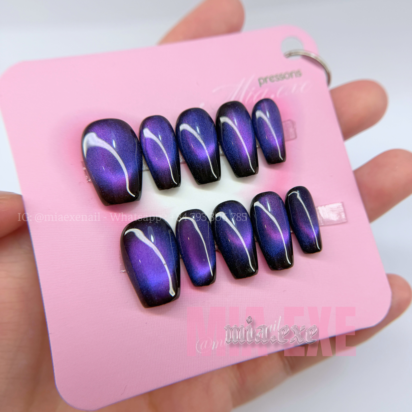 Press on Nails | Midnight Purple Cat Eye, Daily Nail Style, Coffin Shape, Medium Length Luxury Handmade Fake Nails