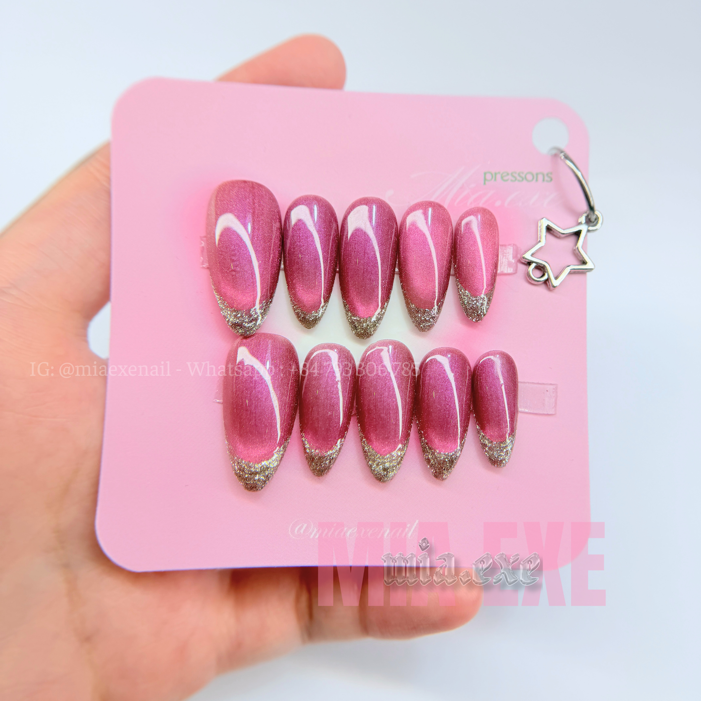Press on Nails | Magenta Cat Eye & Glitter French Tip, Daily Nail Style, Almond Shape, Medium Length Luxury Handmade Fake Nails