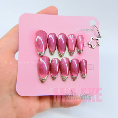 Press on Nails | Magenta Cat Eye & Glitter French Tip, Daily Nail Style, Almond Shape, Medium Length Luxury Handmade Fake Nails