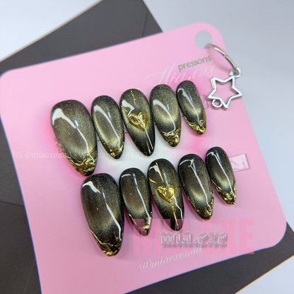 Press on Nails | Black & Gold Chrome Cat Eye with 3D Heart, Daily Nail Style, Almond Shape, Medium Length Luxury Handmade Fake Nails